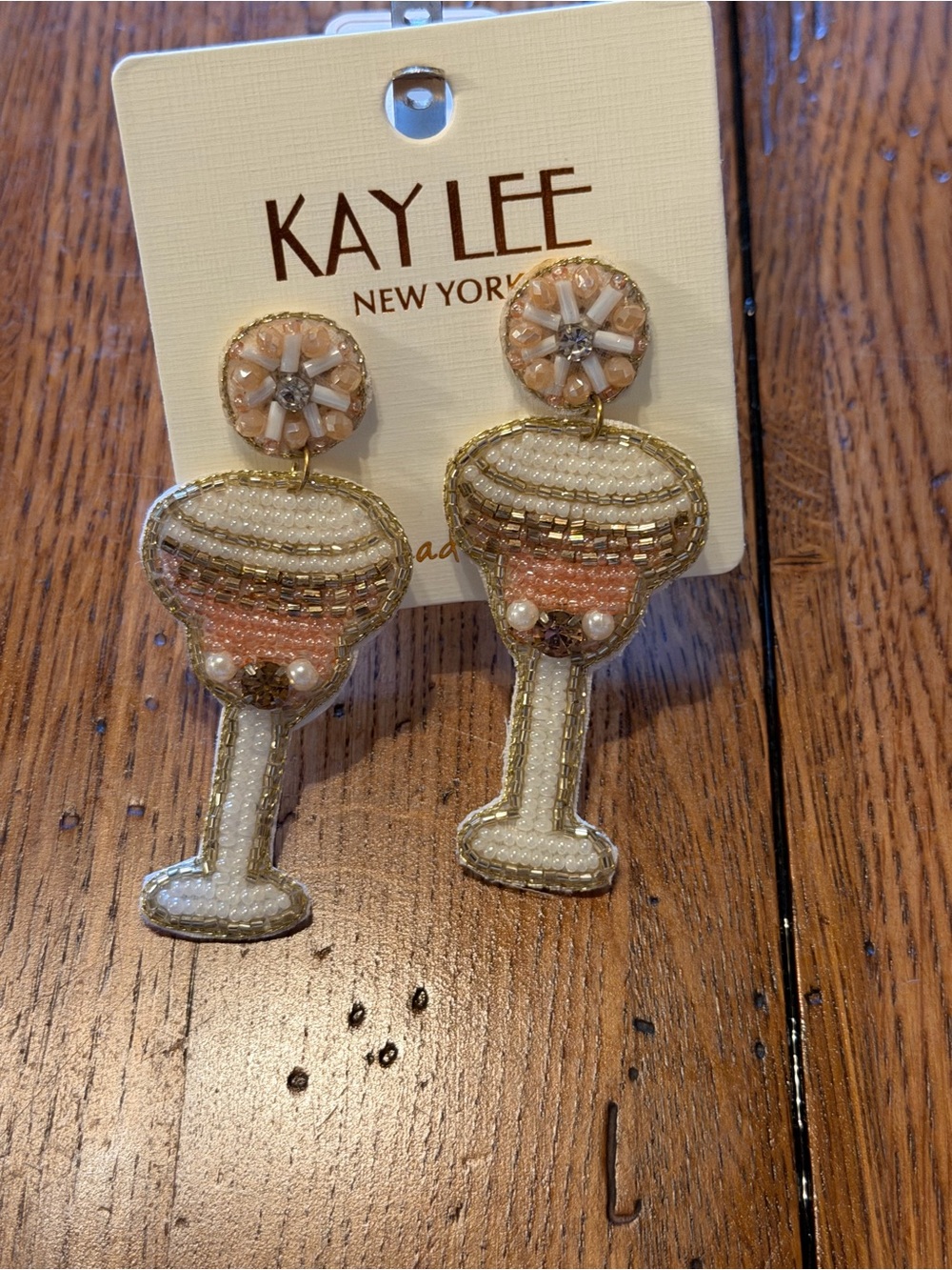 Kaylee New York Pink & White Beaded Champagne Glass Drop Earrings